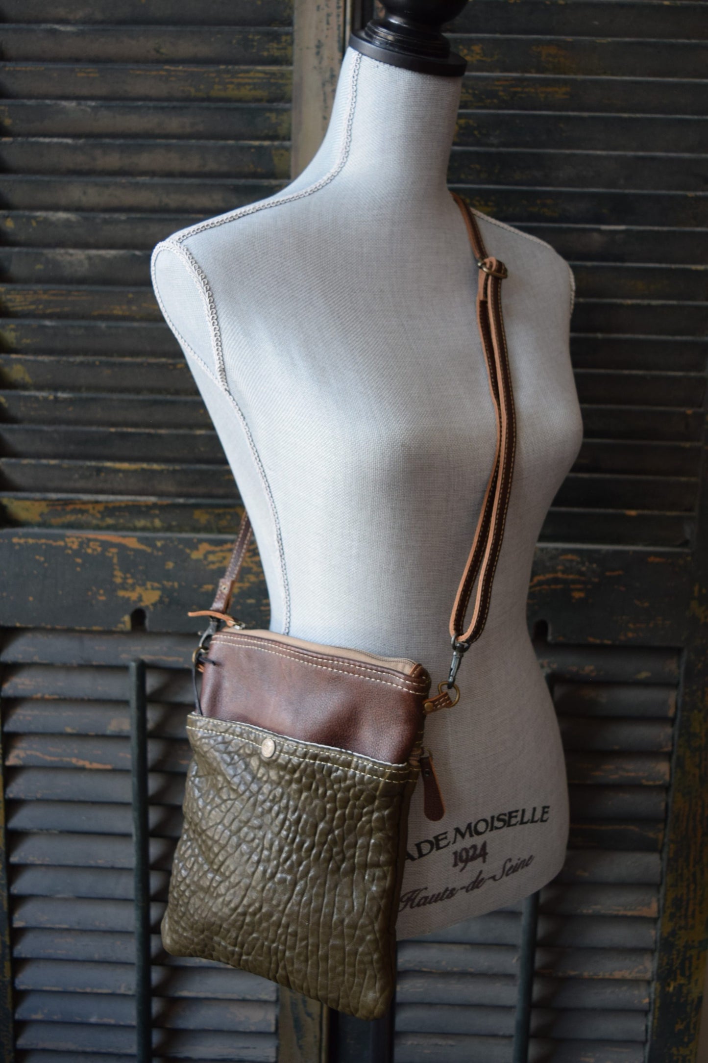 Brown Green Leather Crossbody