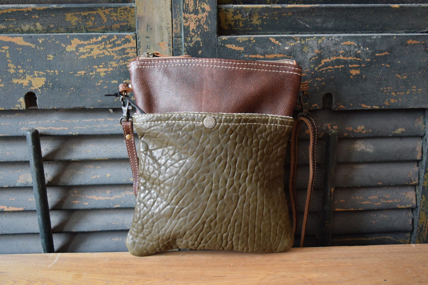 Brown Green Leather Crossbody