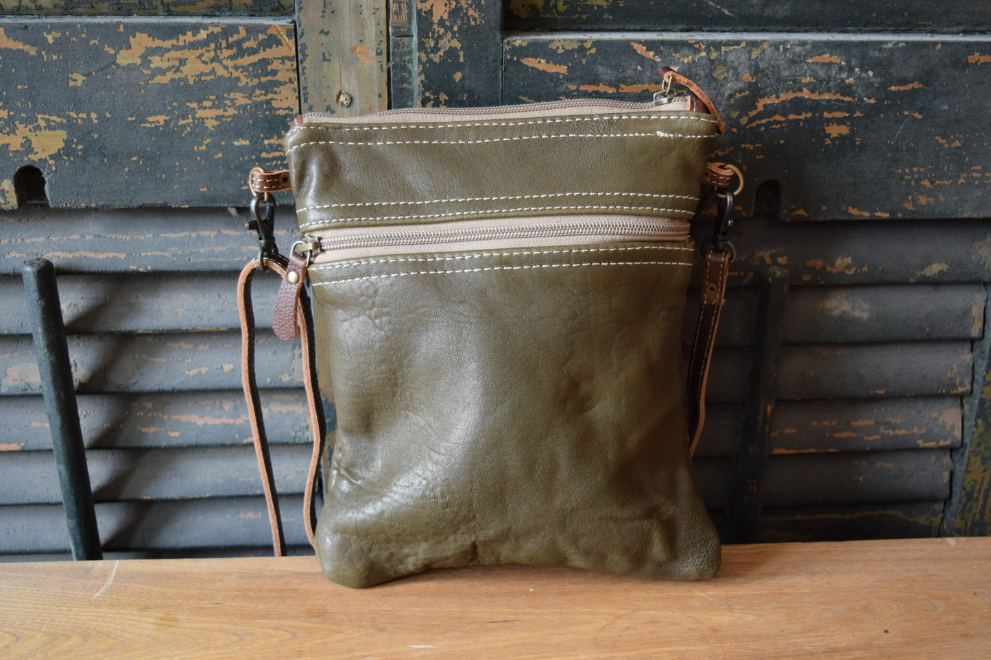 Brown Green Leather Crossbody