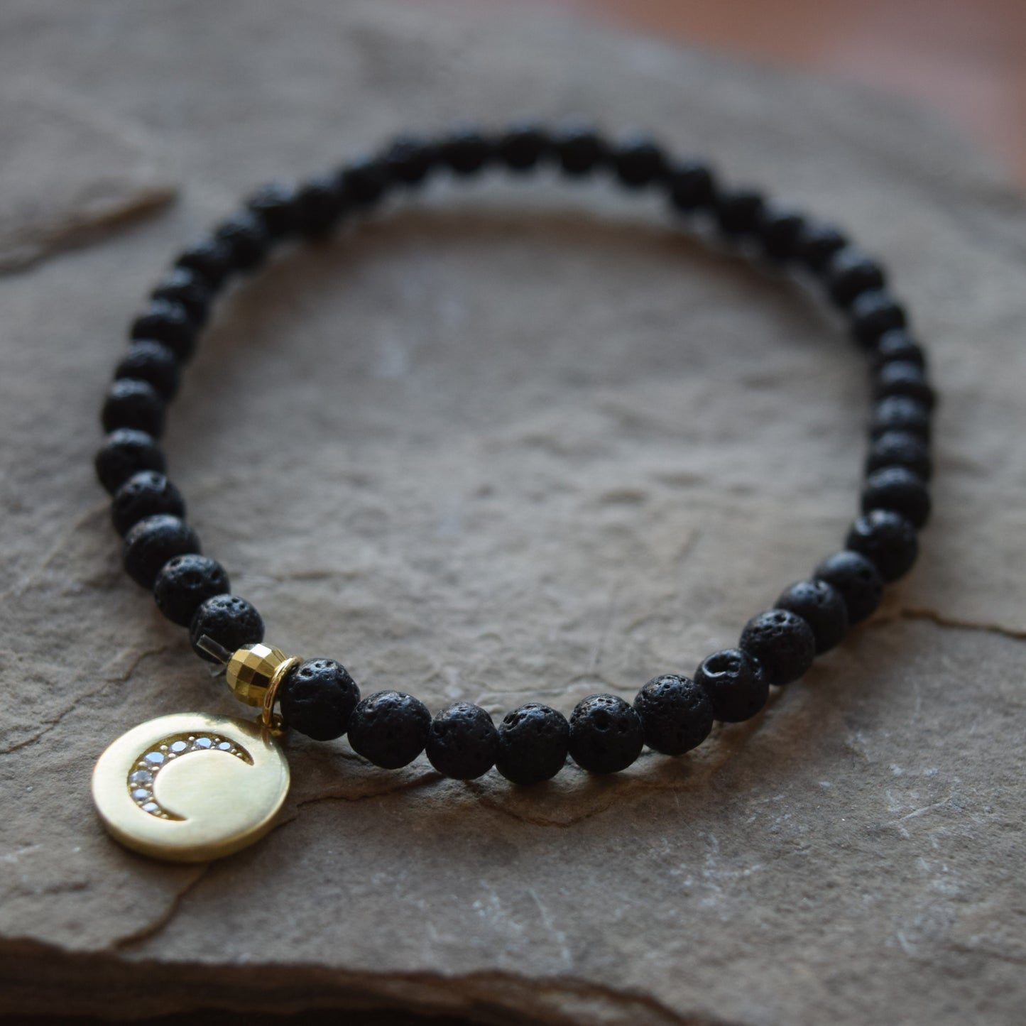 Gemstone Bracelet With Brass Moon CZ Charm