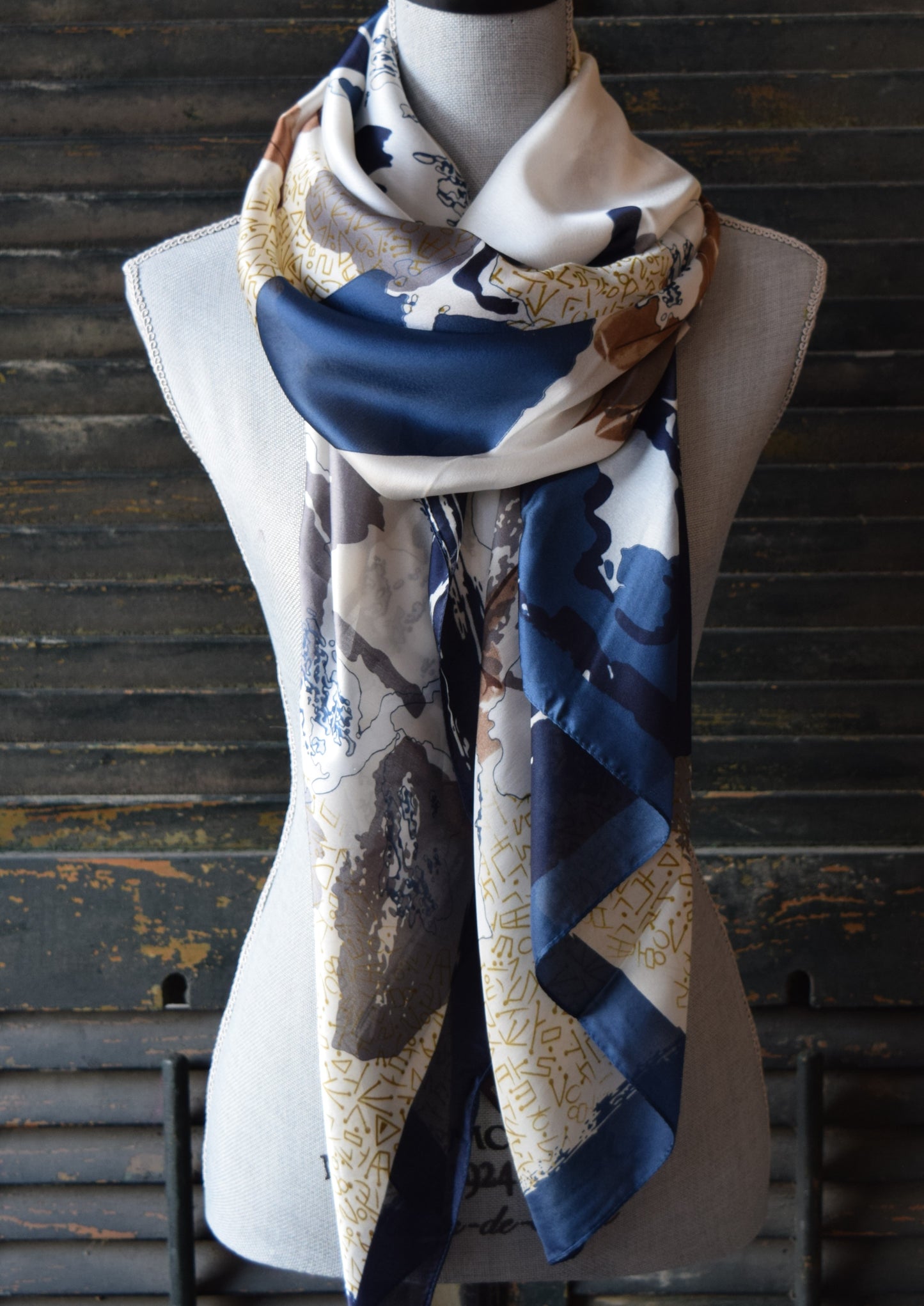 Brown Navy Floral Silk Scarf