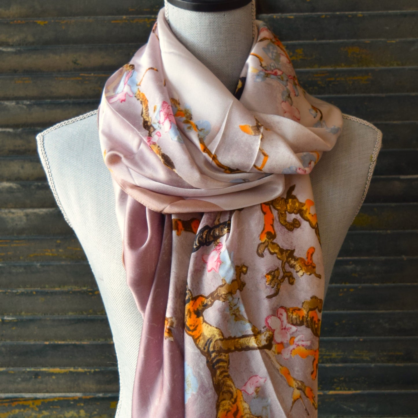 Mauve Orange Cherry Blossom Silk Scarf