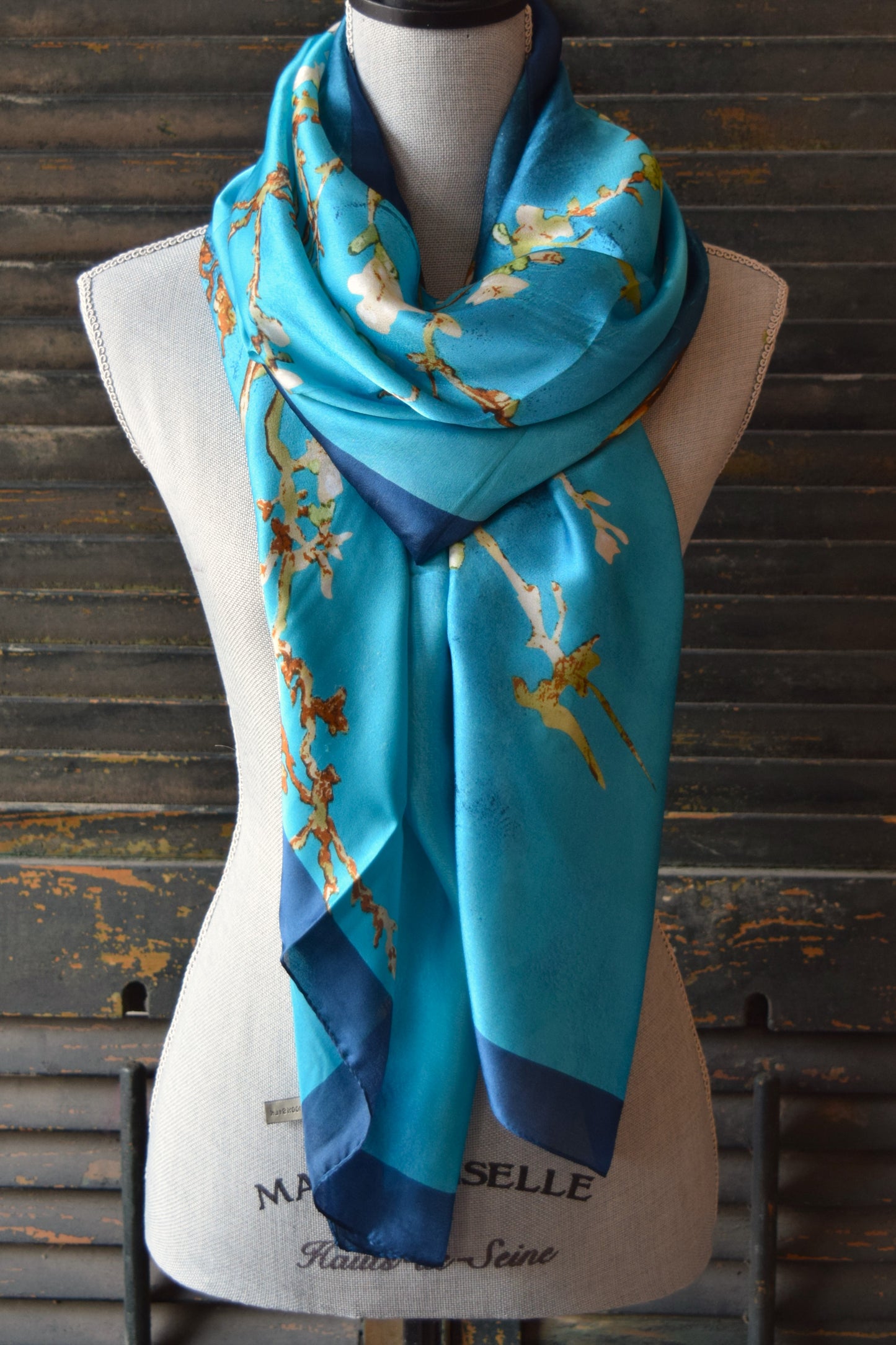 Turquoise Cherry Blossom Silk Scarf