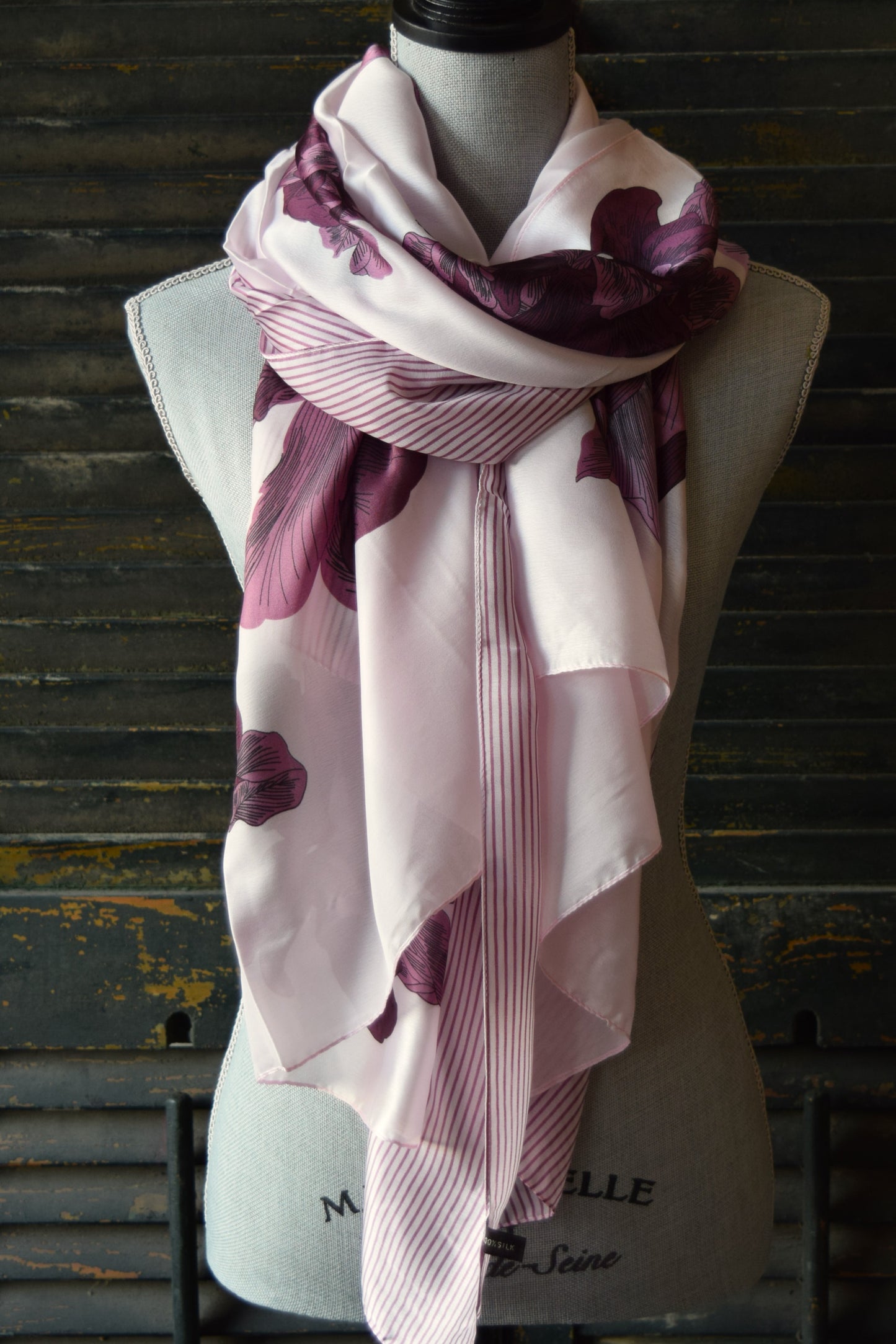 Purple Foral Stripe silk Scarf