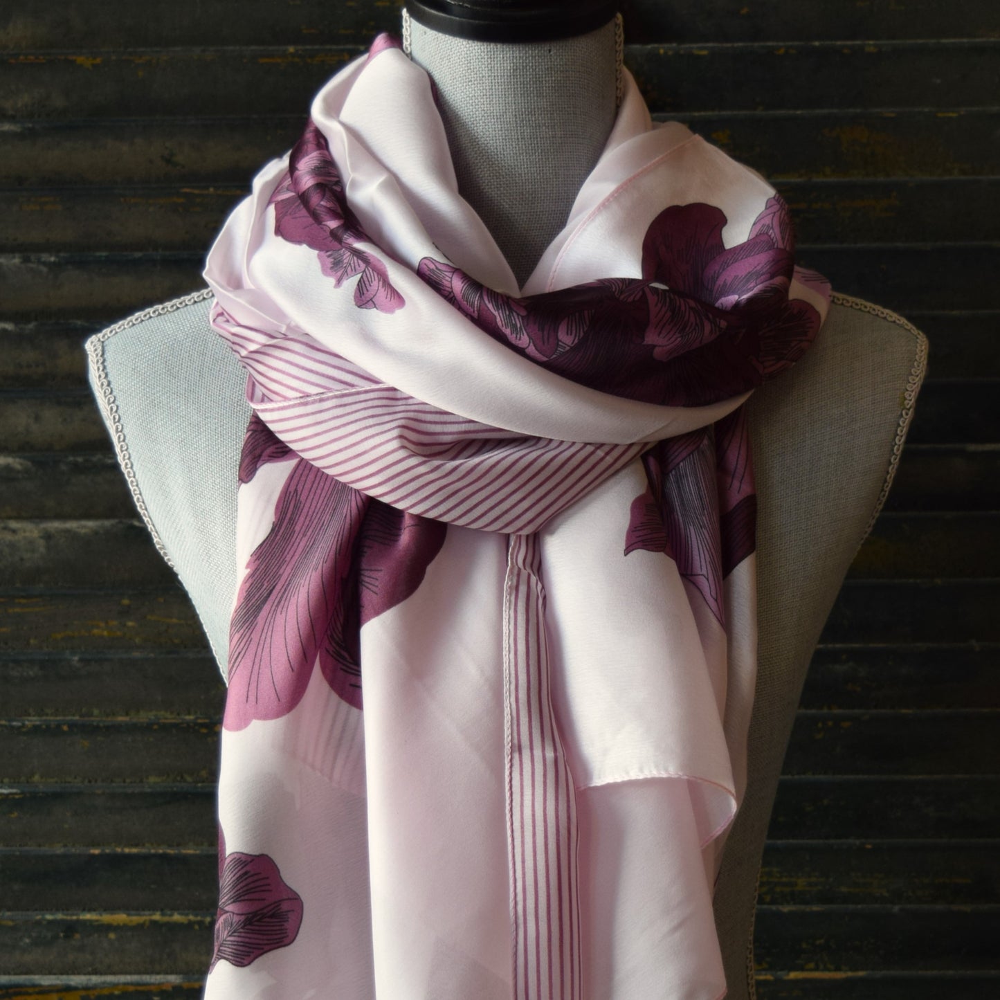 Purple Foral Stripe silk Scarf