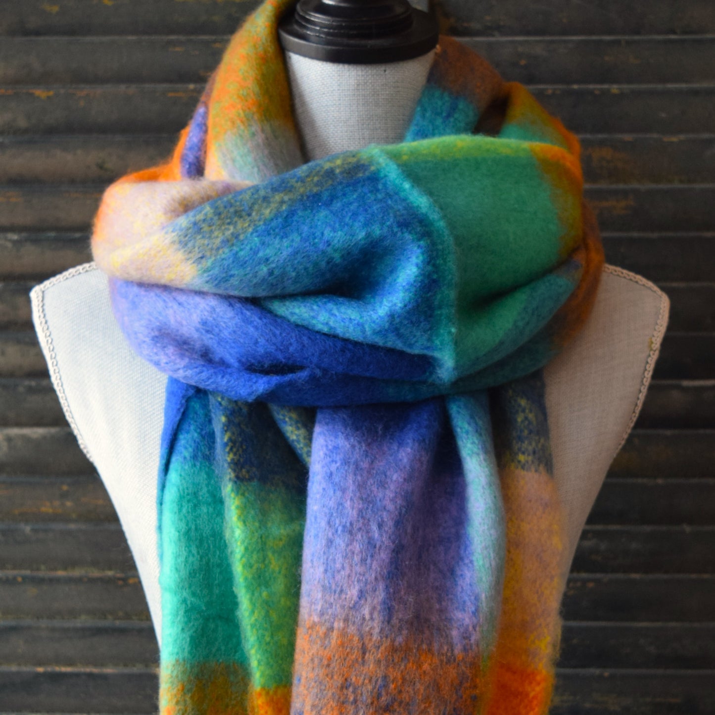 Green Yellow Blue Orange Plaid Scarf