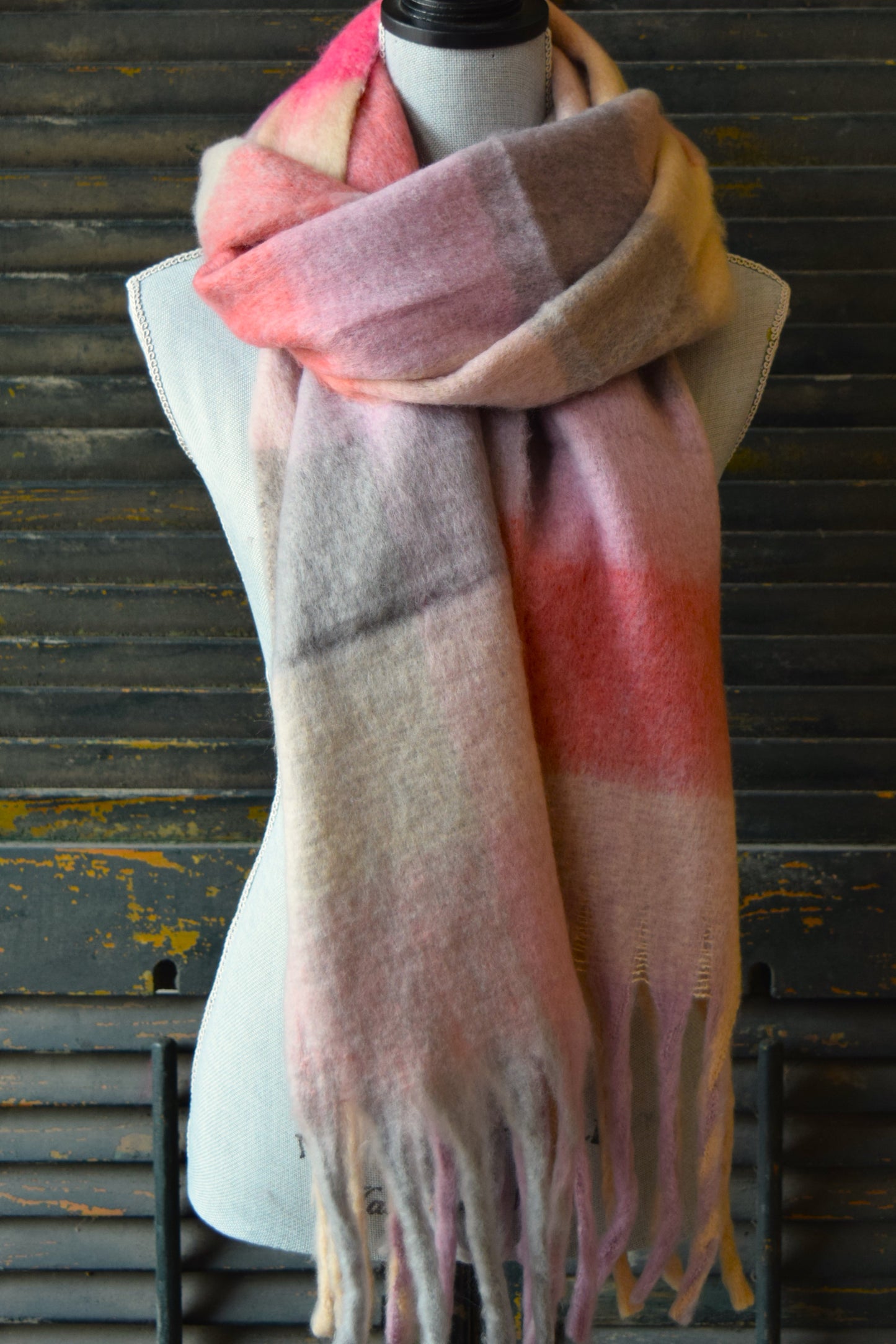 Pink Grey Plaid Scarf