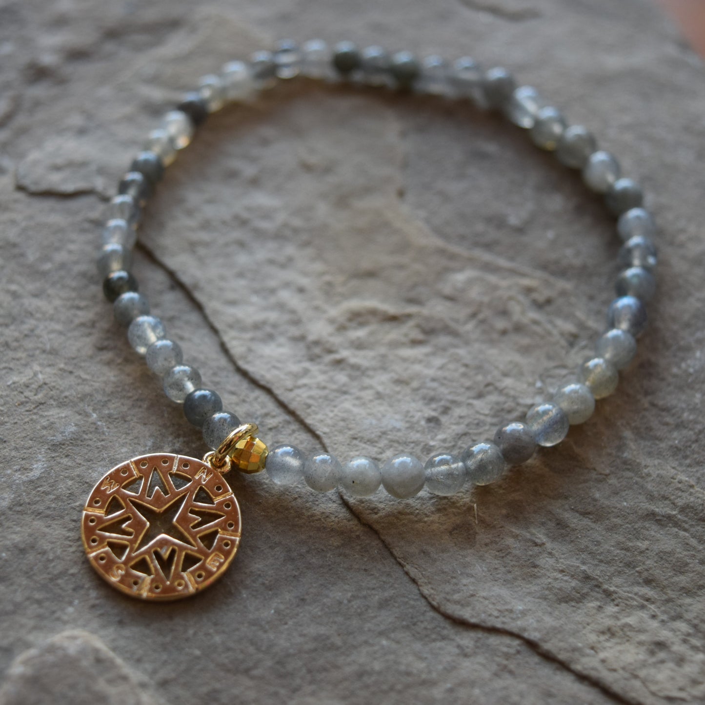 Gemstone Bracelet with Gold Compass