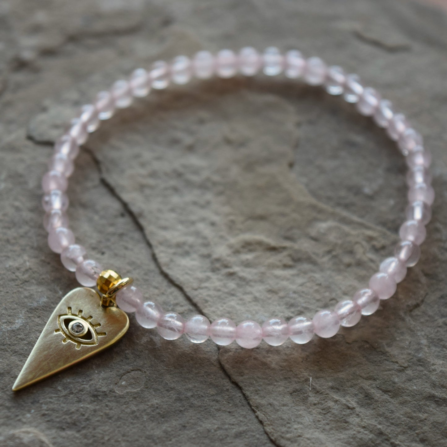 Gemstone Bracelet With Brass Evil Eye Heart Charm