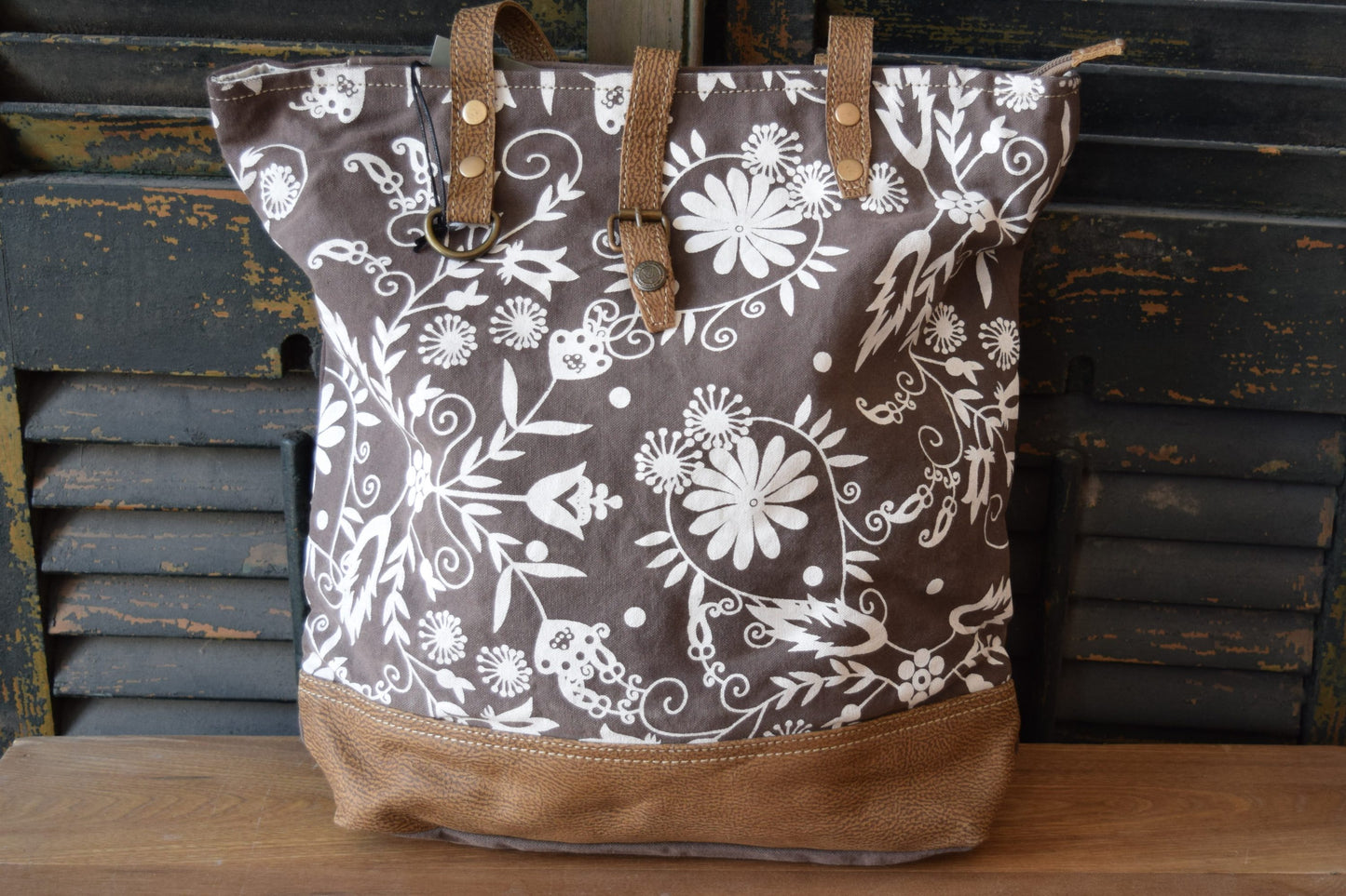 White Flower Brown Tote