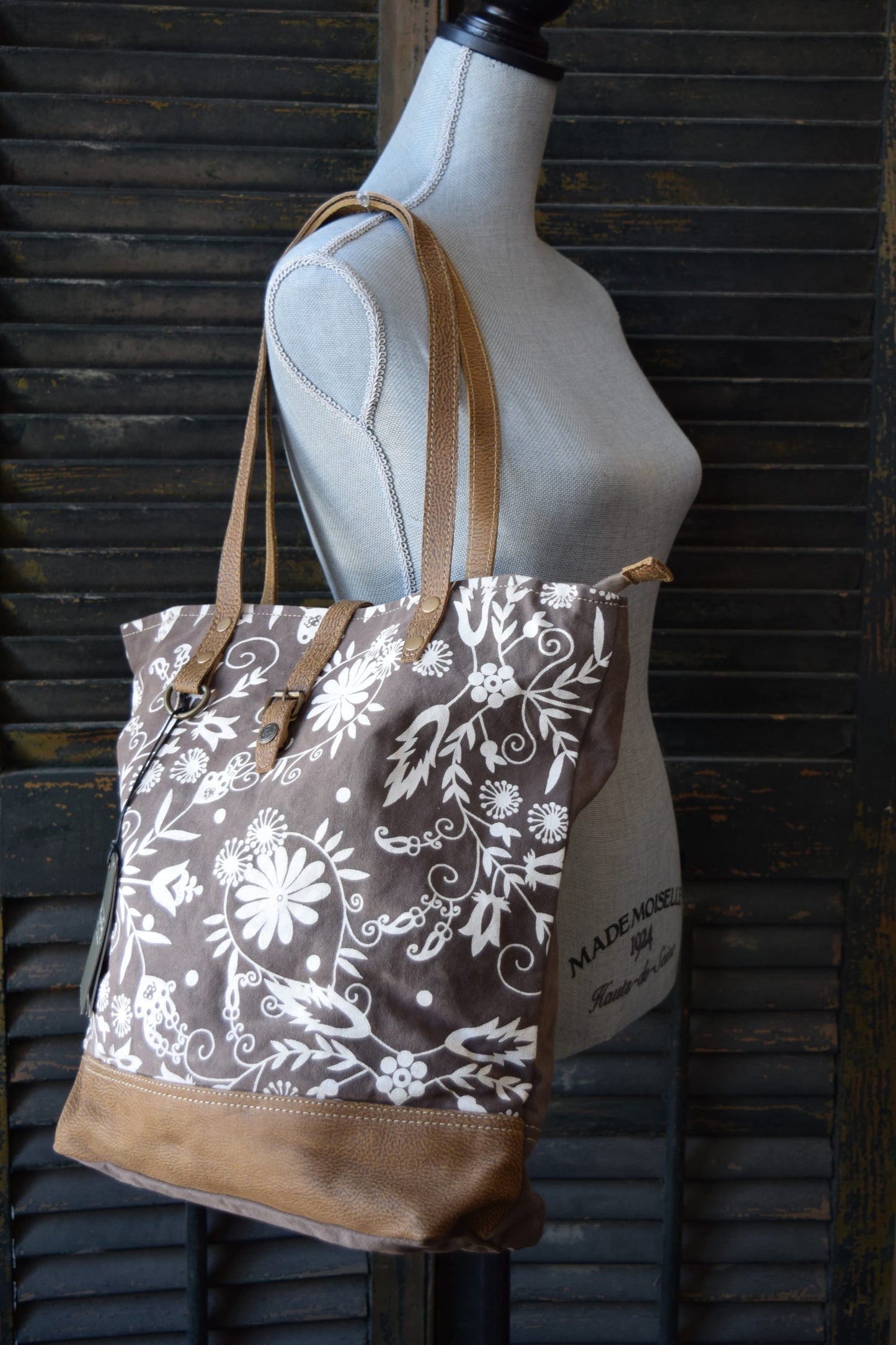 White Flower Brown Tote
